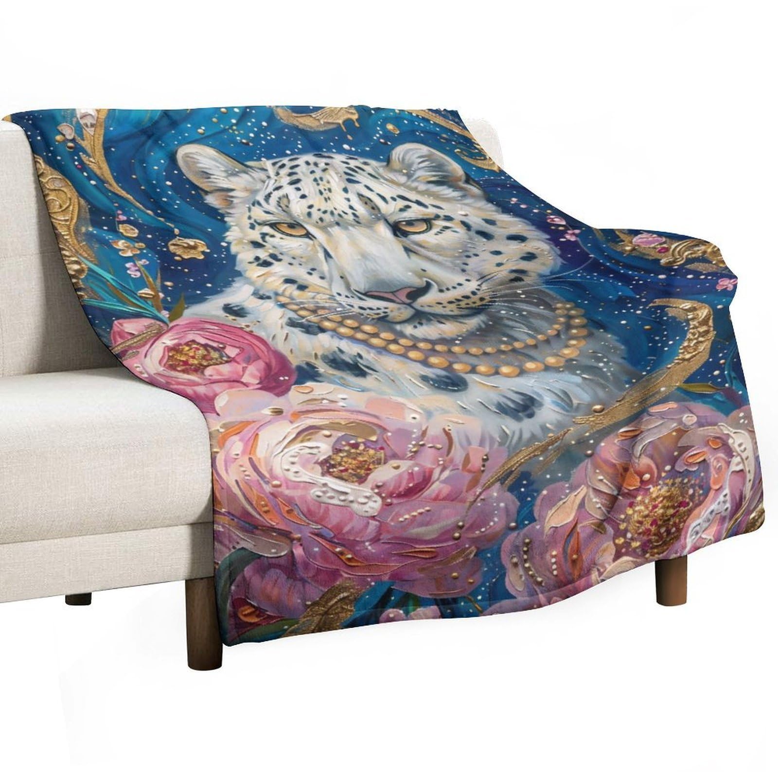 YHGSREUOH Opulent Snow Leopard with Pink Peonies 03 Flannel Blankets Fleece Soft Throw Lightweight Plush Gifts for Couch, Bed, Cozy Sofa Plush, Chair, Lovers 130x175cm(50x70in)