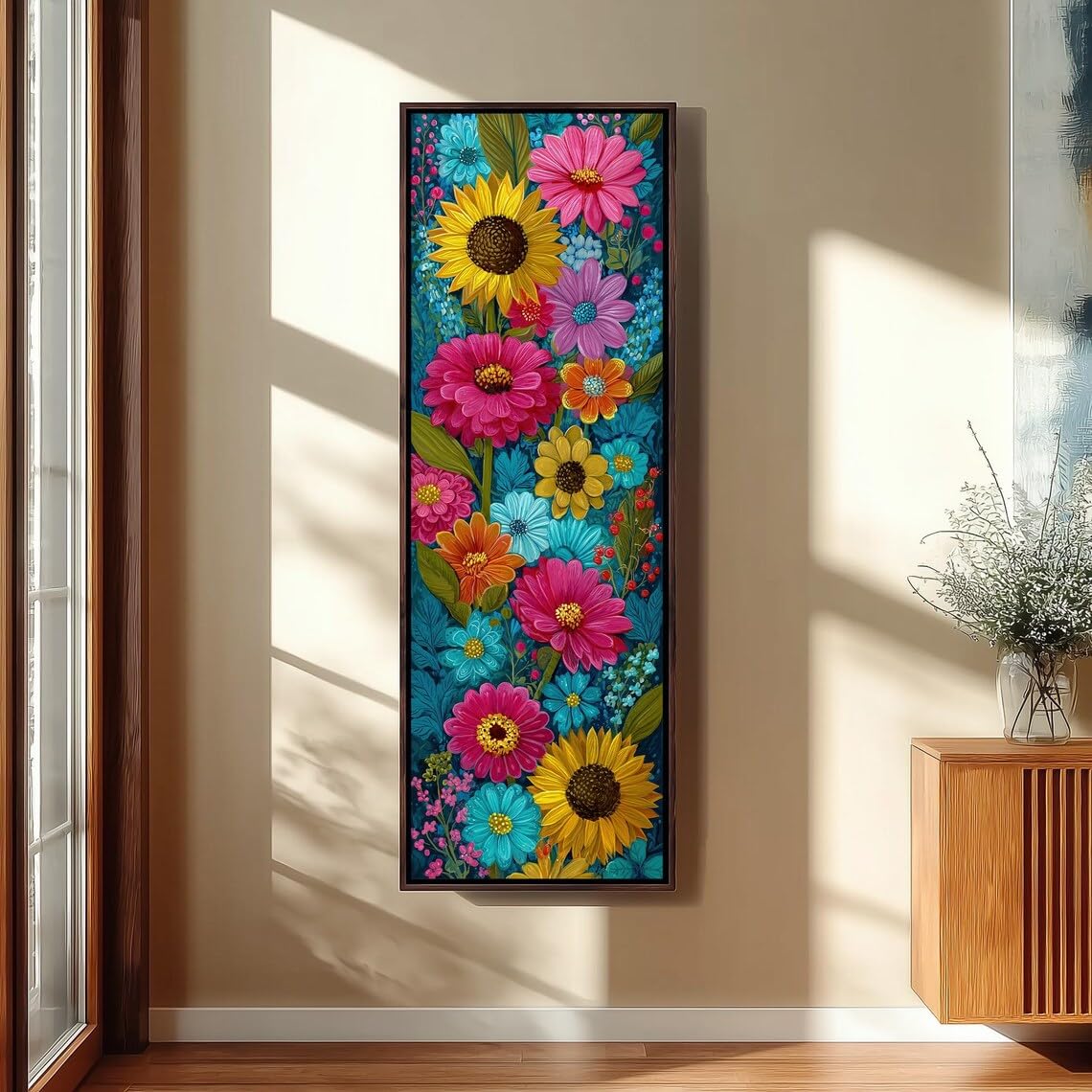 XINBAO Sztuka na płótnie, pionowy obraz kwiatowy, wysoki wąski kolorowy wystrój ogrodu, nadruk kwiatowy ludowy, obraz botaniczny (70 x 210 cm)