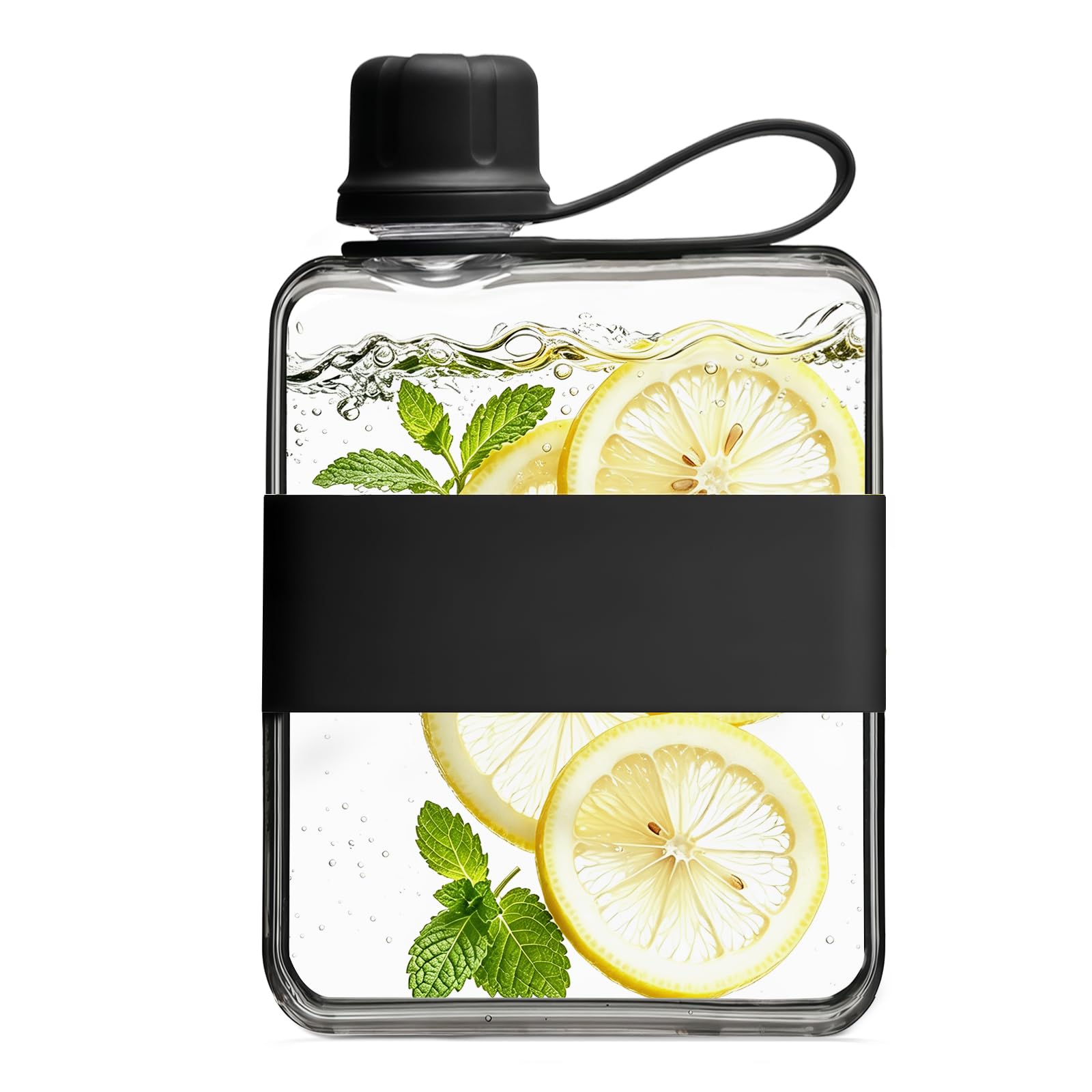 flintronic 500ml Flat Water Bottle, Tritan BPA Free Sports Water Bottle, Leakproof Drinks Bottle with Carry Handle, Slim Water Bottle for Travel, Gym, Outdoor (Black)