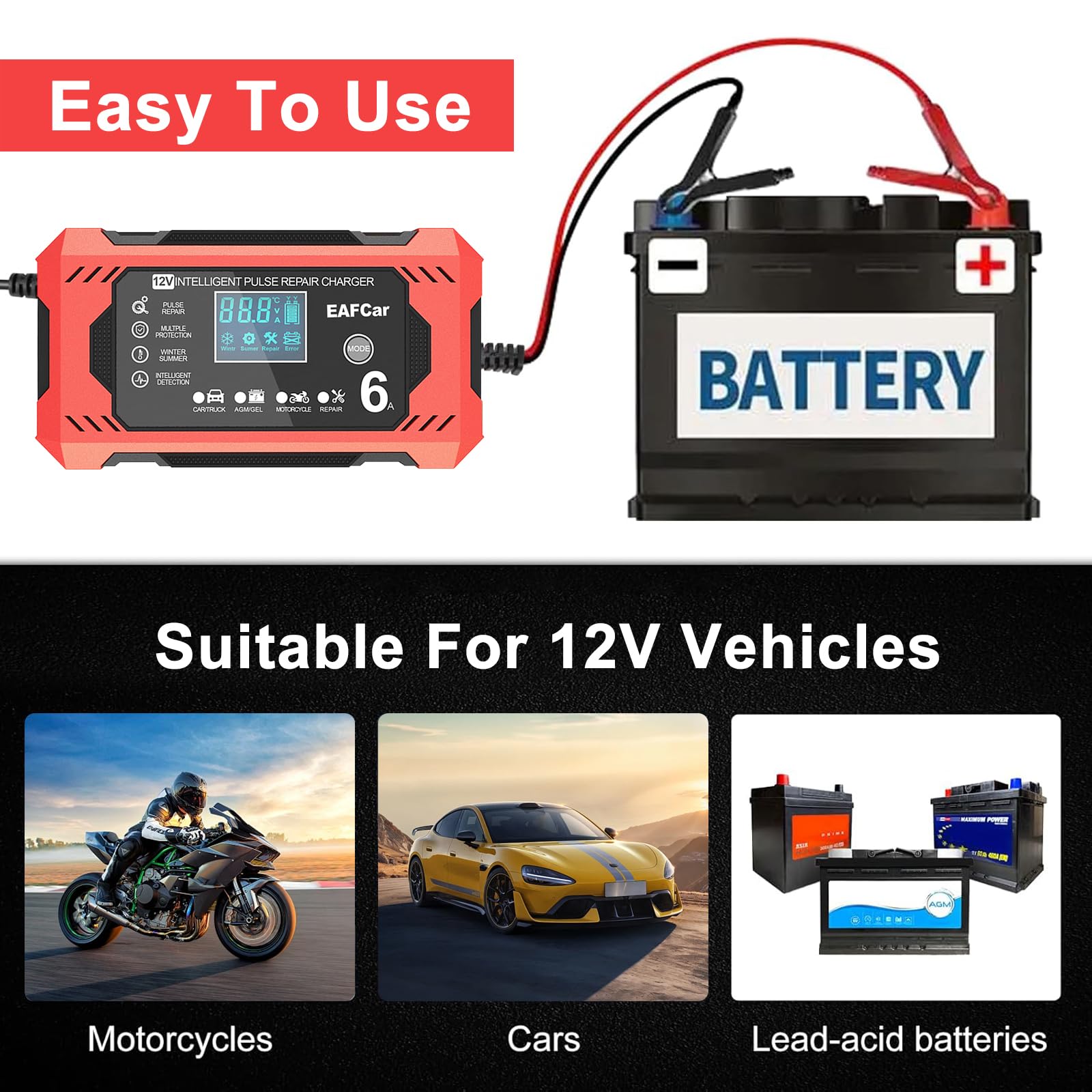 EAFCar 6-Amp Battery Charger, 12V Trickle Charger Car Battery Charger, Smart Automatic Lead Acid Charging with Temperature Compensation for Car Truck Lawn Mower Boat Marine(6A)