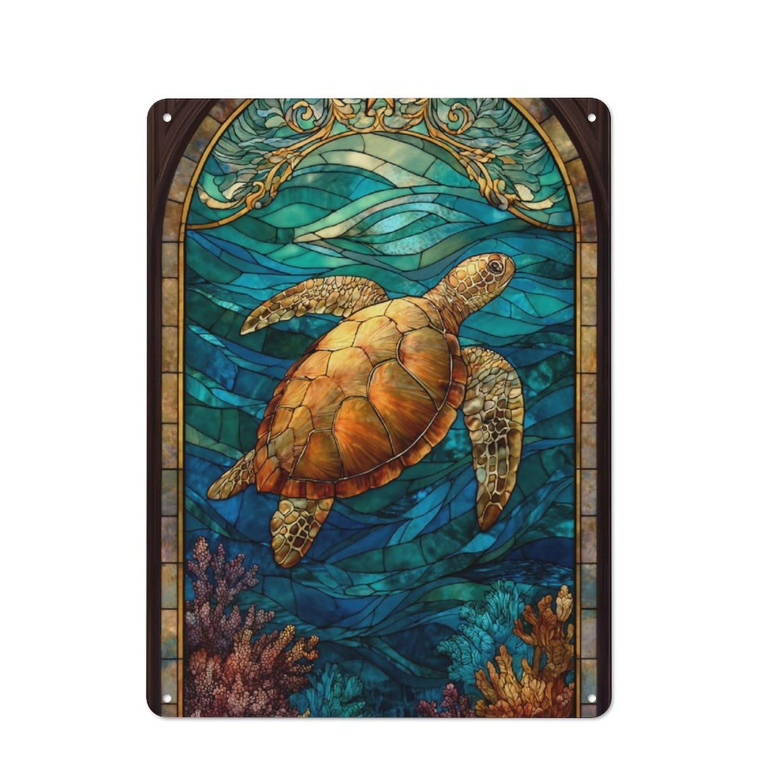 Junmoney Turtle In Stained Glass Vintage Metal Plaque 40X30cm For Man Cave Or Games Room, For An Autumn Update To Man Cave And Games Room