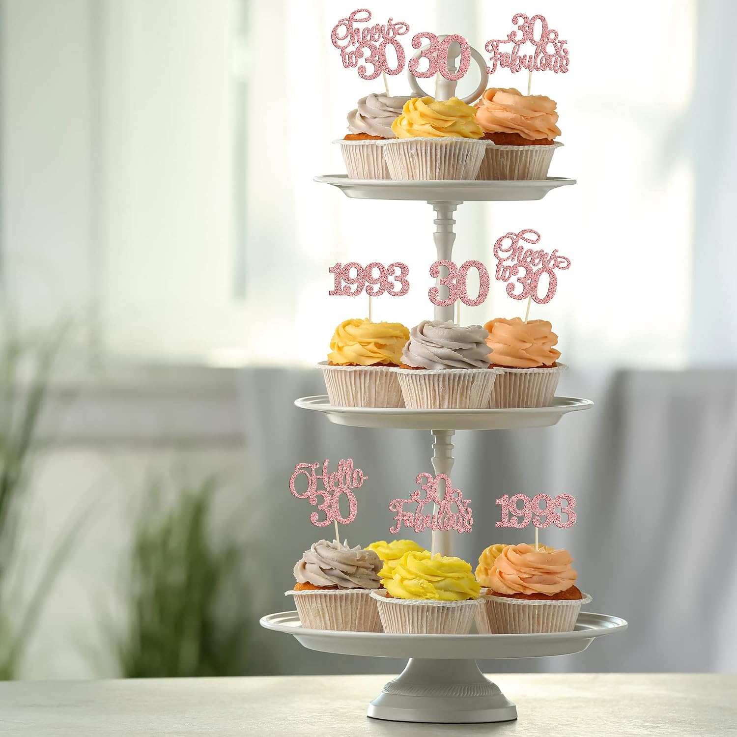 Gyufise 30Pcs 30th Birthday Cupcake Toppers Glitter Hello 30 Cupcake Topper Cheers to 30 1996 Thirty Cupcake Picks for Happy 30th Birthday Anniversary Party Cake Decorations Rose Gold - Image 5