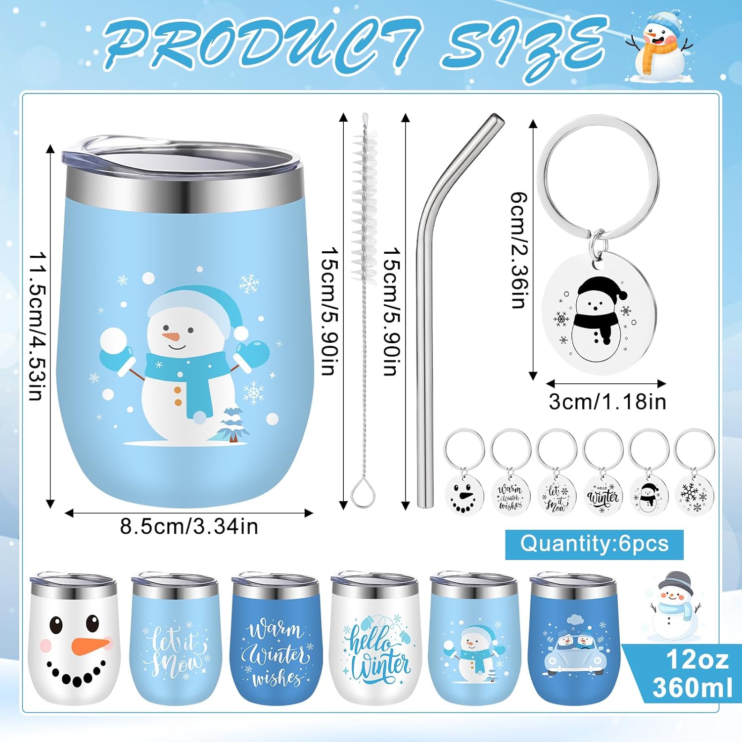 6 Set Christmas Wine Tumbler with Lid and Straw 12 Oz Christmas Stainless Steel Wine Tumbler with Keychains, Winter Snowman Insulated Travel Coffee Mug Xmas Gifts for Women Men Xmas Wedding Party - Image 3