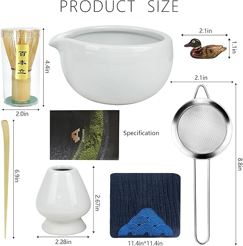 Miniatura 2 de Artcome Kit completo de ceremonia de matcha de 7 piezas para ceremonia de té, cuenco con boquilla de vertido, batidor, cuchara de té, colador de