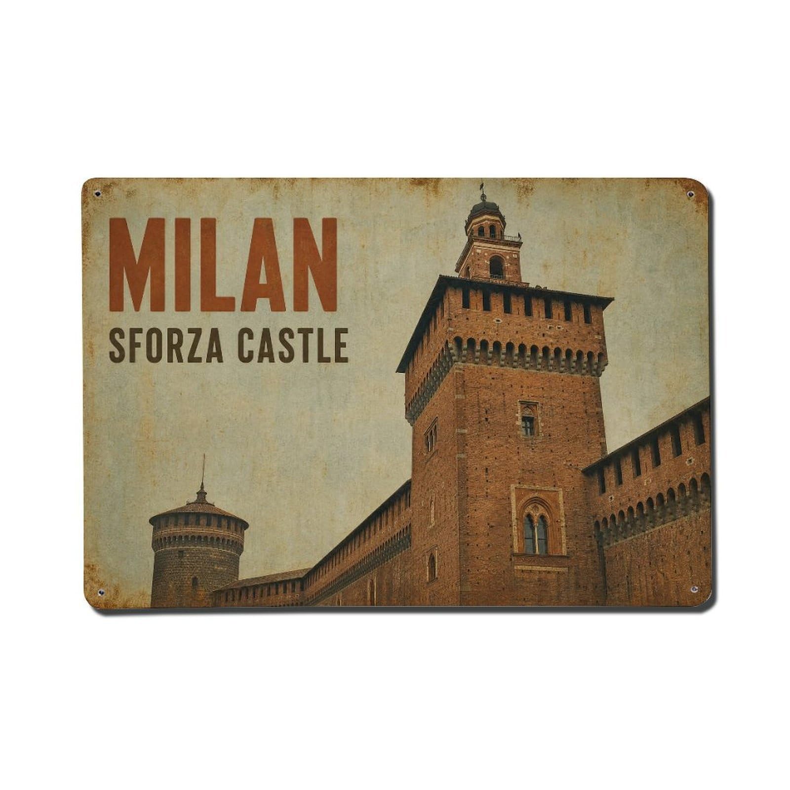 Huiyhb 8X12inch(20X30cm) Vintage Travel Milan Sforza Castle Brick Tower Italy Metal Tin Sign