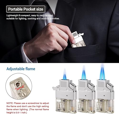 Miniatura 7 de Coldown Encendedor de butano, encendedor de gas resistente al viento con llama de chorro de doble antorcha ajustable y recargable de combustible,