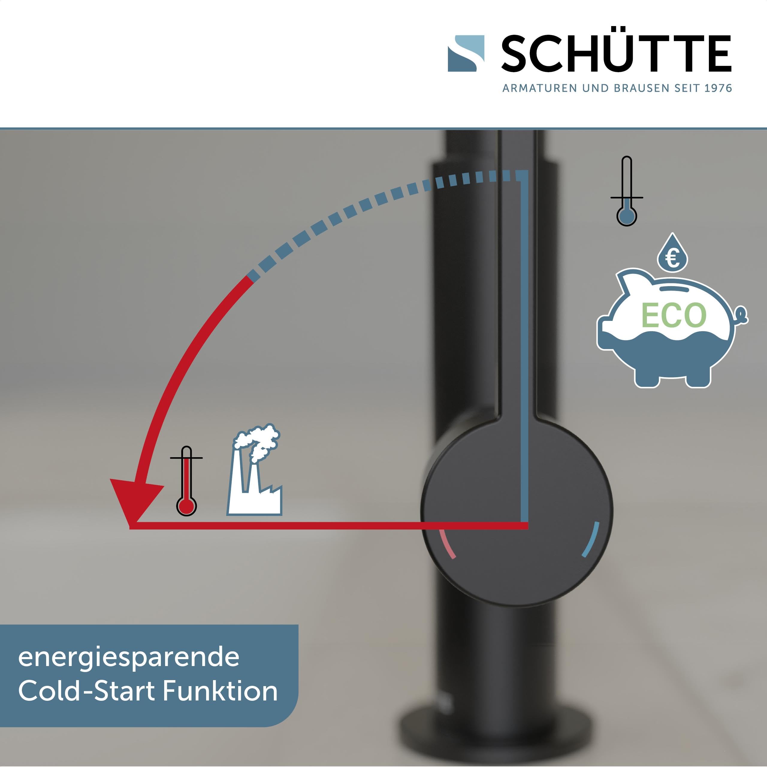 SCHÜTTE GLASGOW Schwarz Flexible Spültischarmatur mit Eco-Click-Funktion, biegsamer Wasserhahn für die Küche schwarz, Auslauf mit Soft-Touch-Schlauch, 360 Grad schwenkbar, Wasserhahn Küche, 79586