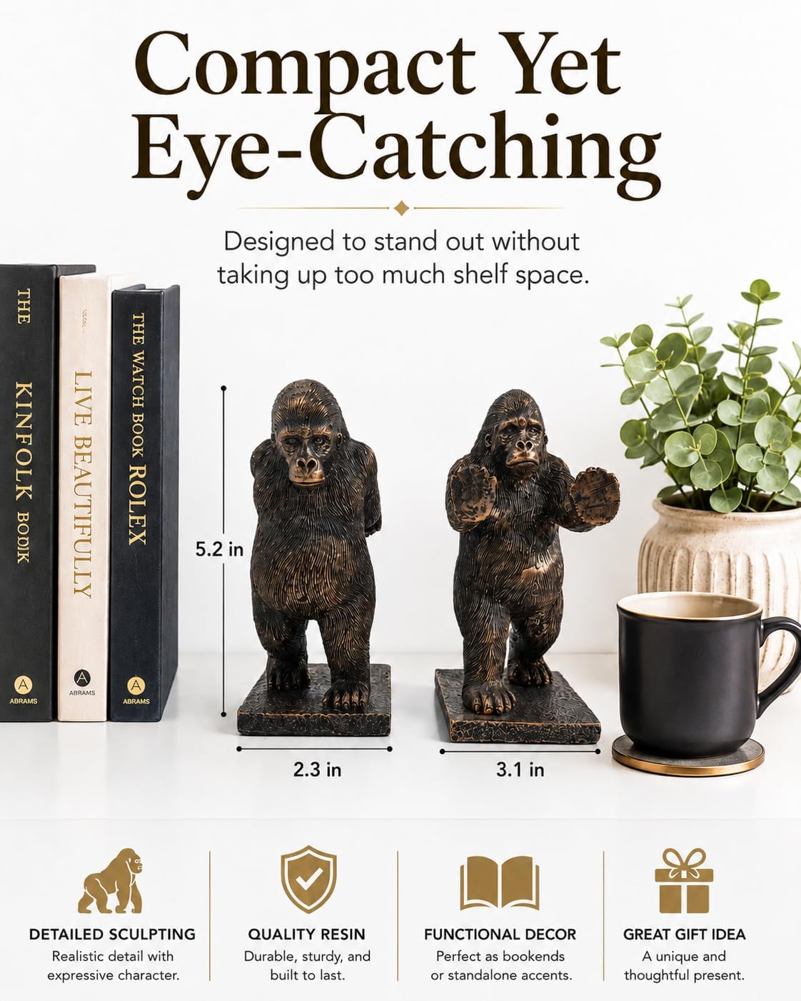 2-Pack Bronze Resin Gorilla Bookends, Realistic Heavy Animal Gorilla Sculpture Decorative Book Ends for Shelves Office Desk, Study Room, Living Room Shelf Decor, Book Lovers Gifts (Gorilla)