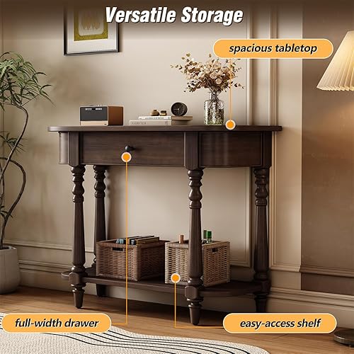 Miniatura 61 de Polibi Mesa consola curvada retro con estante de estilo abierto y 4 cajones superiores, mesa de entrada de media luna de 52 pulgadas de ancho con