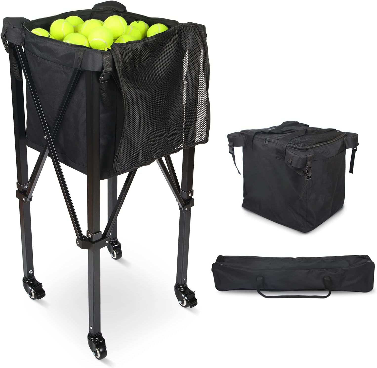Portable Tennis Ball Hopper with Wheels, 150 Tennis Balls Capacity Tennis Ball Basket with Side Pockets and Carrying Bag, Lightweight Sports Teaching Cart, Suitable for Softball, Pickleball & Baseball