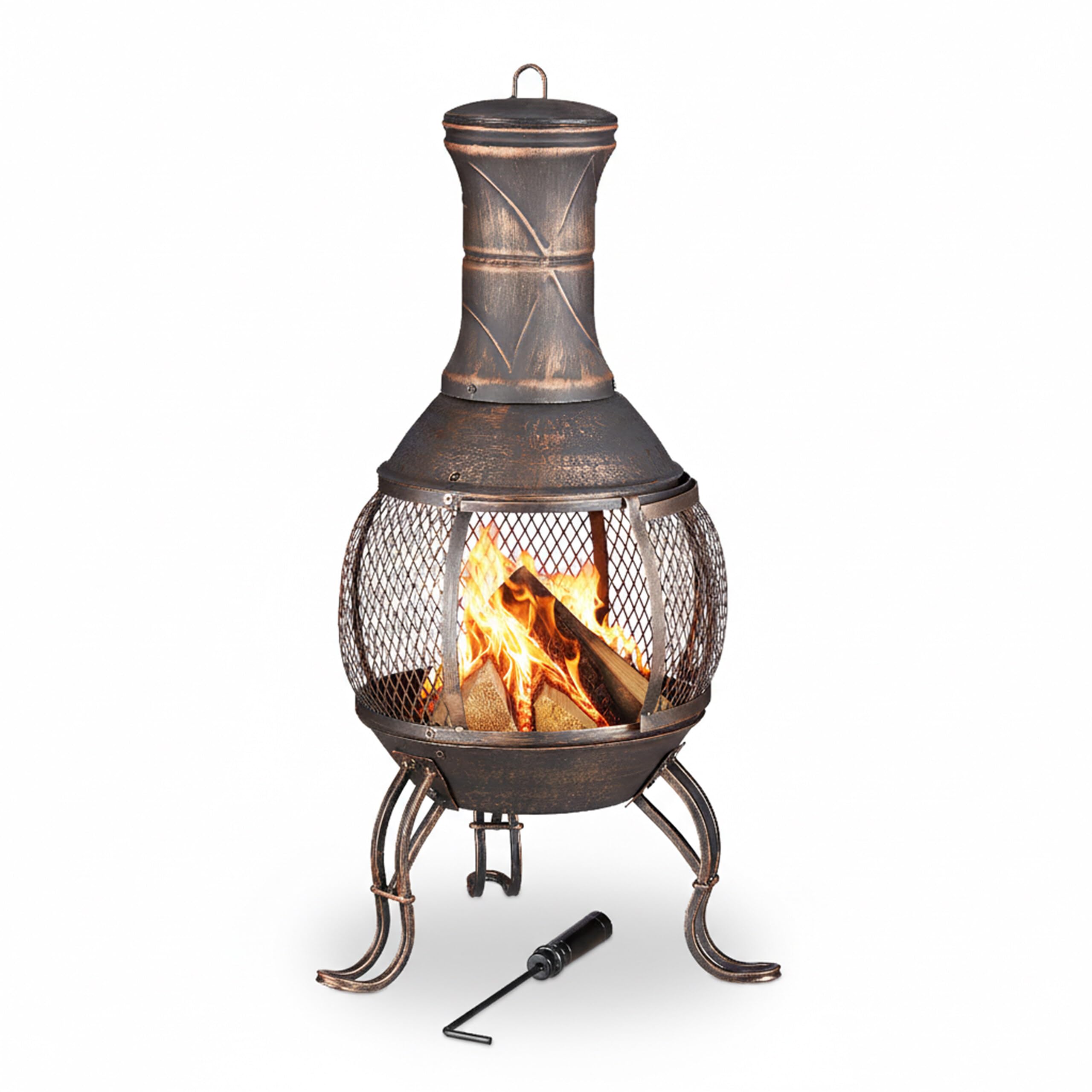Relaxdays Brasero de Jardín, Atizador, Rejilla, Protección Antichispas, Parrilla, Horno Exterior, Altura 89 cm, Bronce