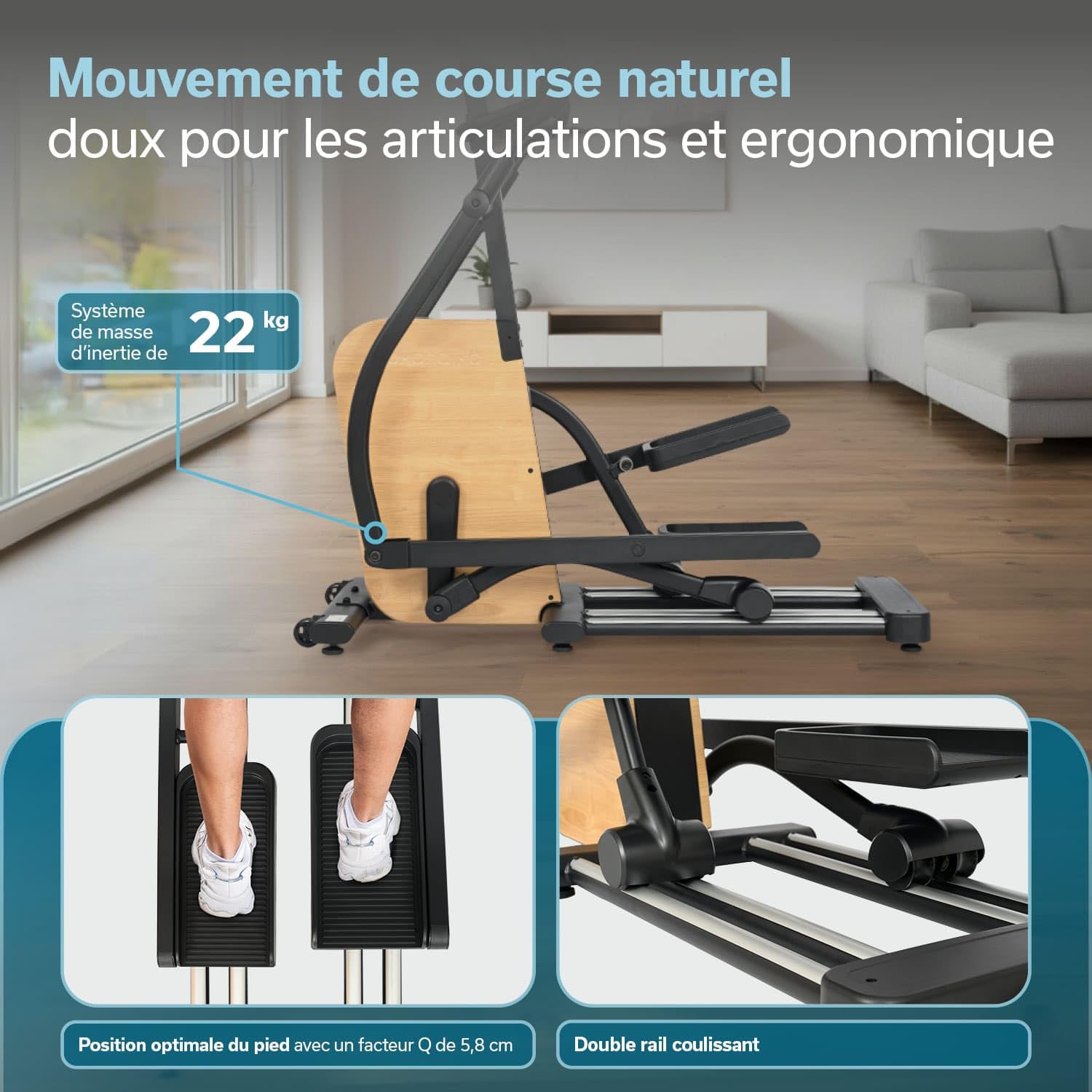 Skandika Vélo elliptique Treliv P22 | Vélo elliptique d'appartement avec éléments en Bois, 32 Niveaux, 22 programmes, Frein magnétique, Compatible avec Kinomap, Bluetooth, Max 135KG