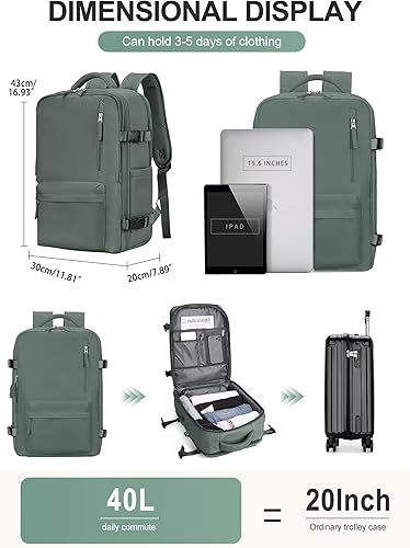 Miniatura 5 de winspansy Mochila de viaje para mujer y hombre, A12-verde (juego de 2 piezas), Grande