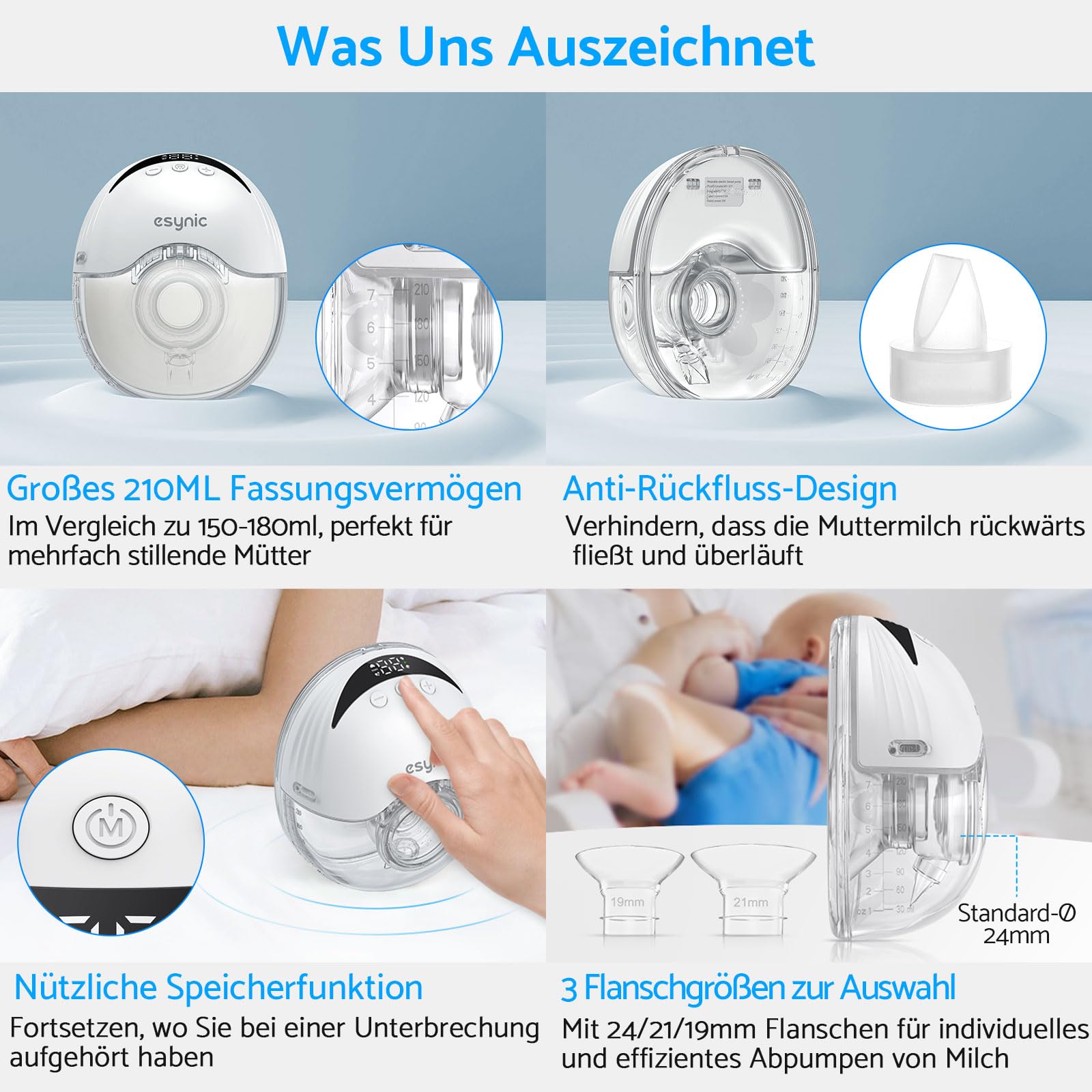 eSynic Freihändige Brustpumpe – Tragbare, Wiederaufladbare 210ml Milchpumpe mit 4 Modi & 12 Stufen, LED-Display, 24/21/19mm Flanschen, Ultra-Leise, für Mütter zu Hause & unterwegs (2 stk Weiß)