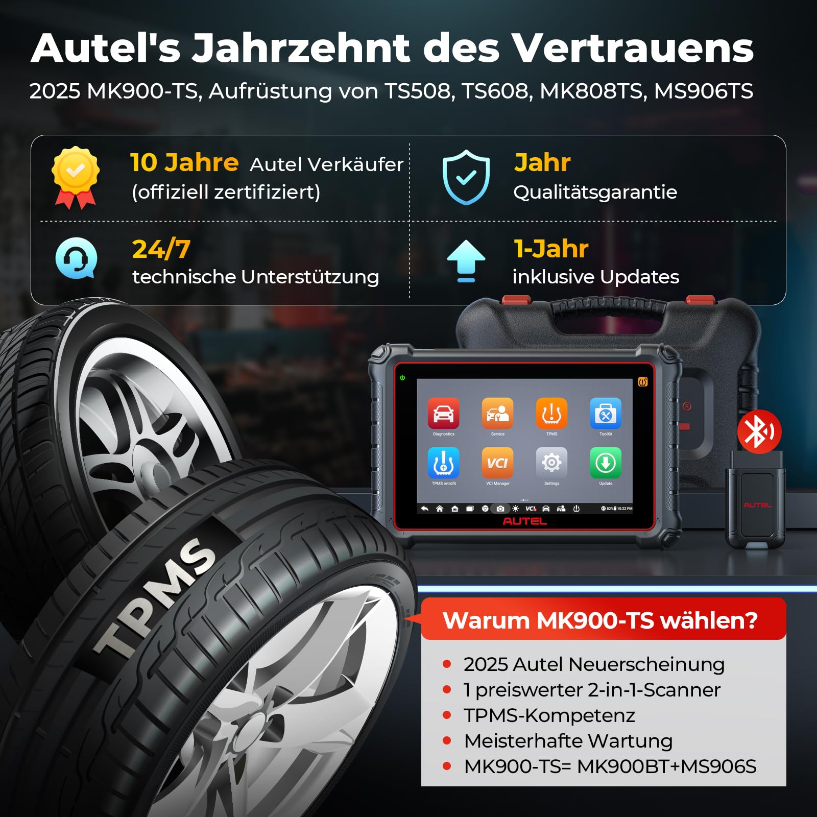 Autel MaxiCOM MK900-TS TPMS Scanner, 2024 Bidirektionales OBD2 Diagnosegerät, Upgrade von MX808S-TS/MS906TS, 40+ Service,3000+ Aktive Tests,Alle System-Diagnose,No-IP Eingeschränkte Ver. von MX900TS