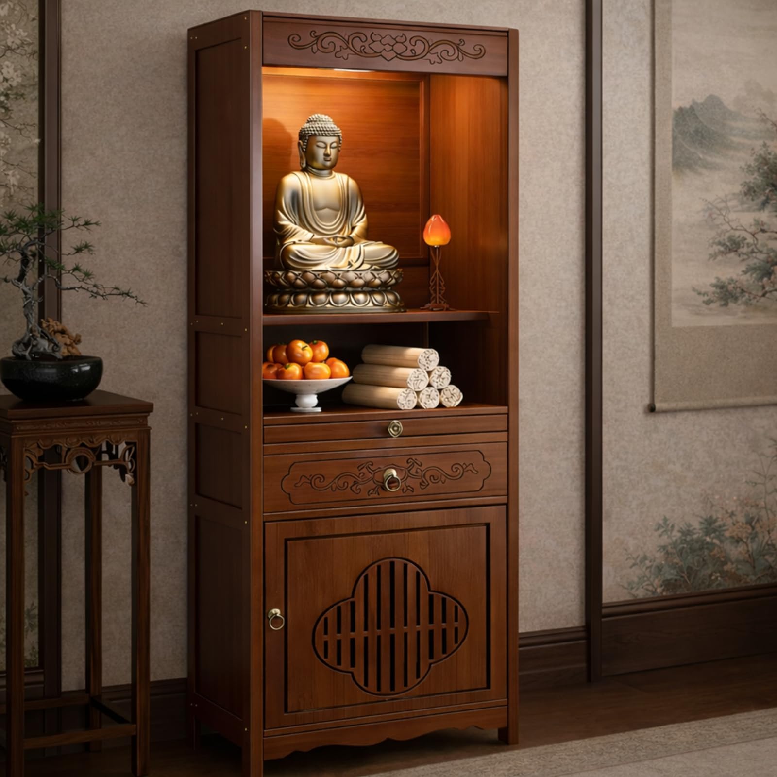 Meuble d'autel bouddhiste en bambou massif sculpté style chinois