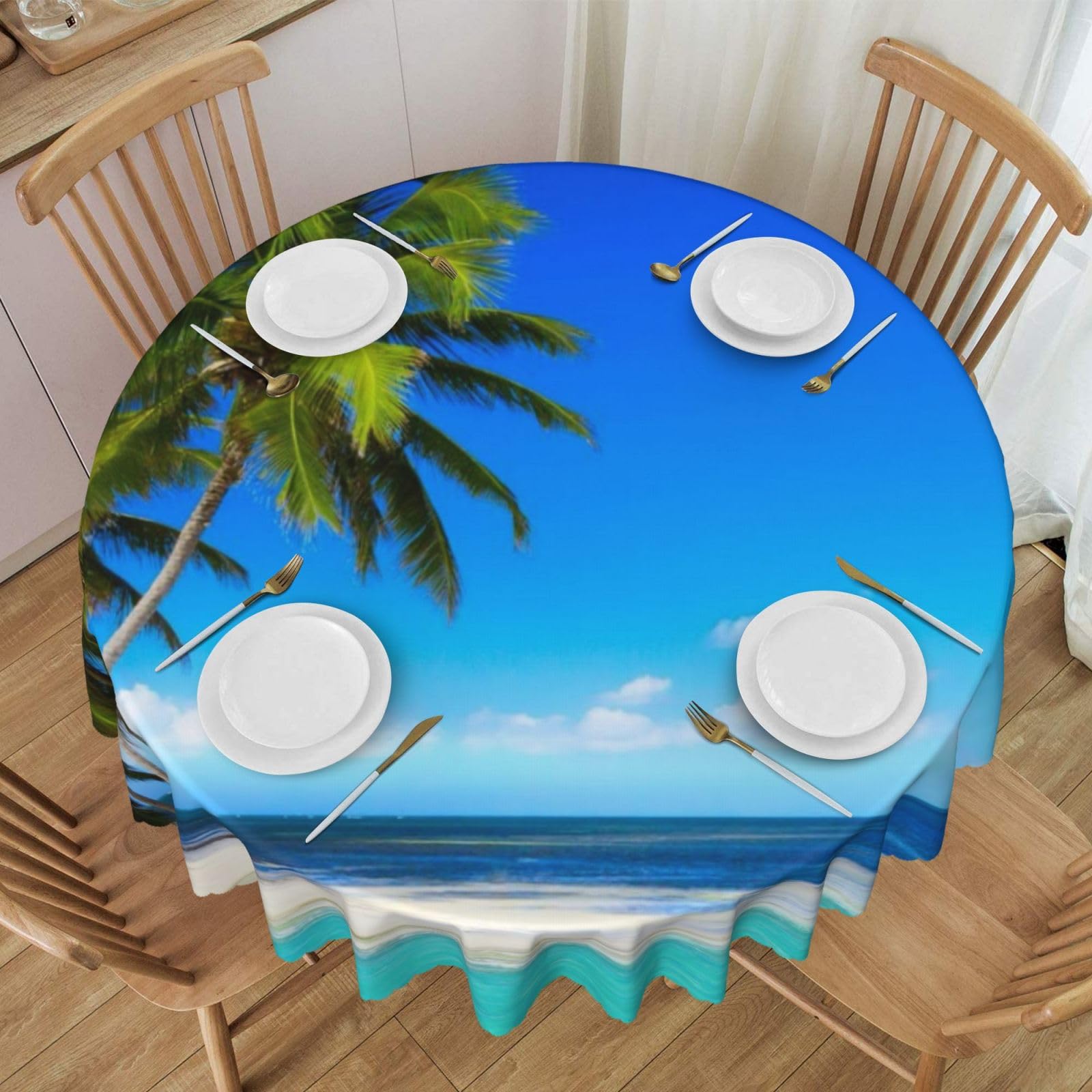 DCEHGEW 60 In Round Tablecloth with Lace, Palm Trees and Clear Sea Printed Oilproof & Washable Fabric Picnic Table Cloth Table Covers