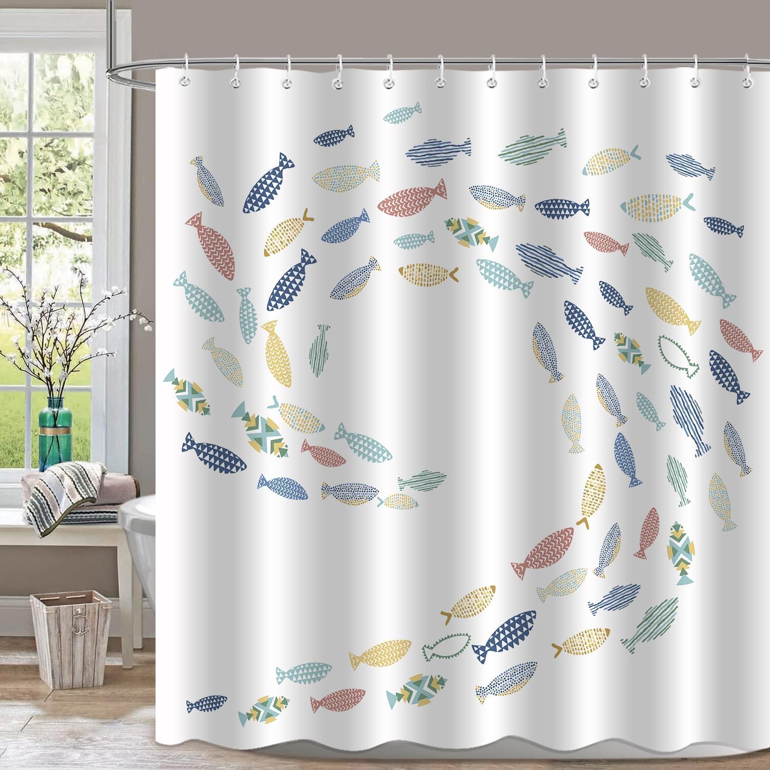 Moonslim Fish Shower Curtains, Colorful Fishes Swimming Shower Curtain, White Minimalist Aesthetic Bath Curtain for Bathroom Decor Waterproof Fabric Cloth with Hooks 72X78 Inch