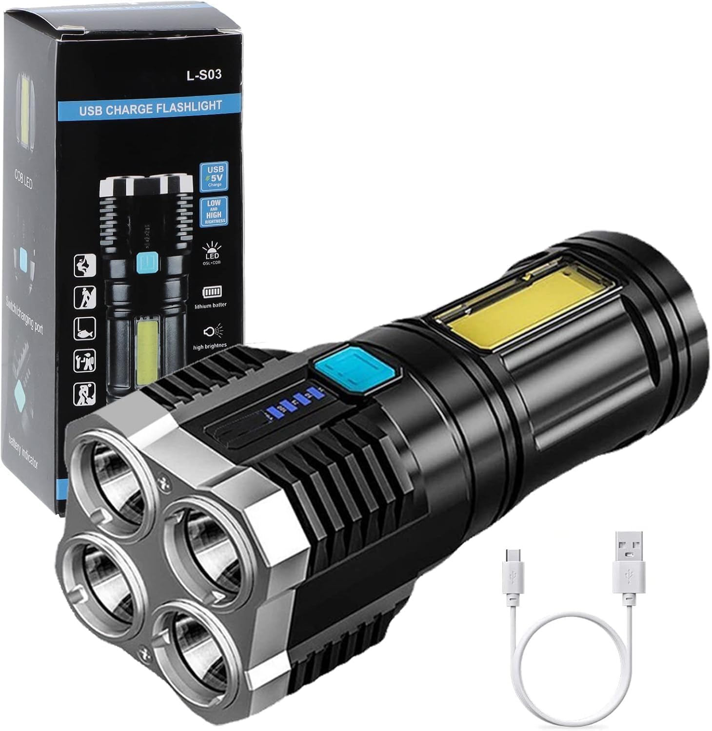 4-core Super Bright Flashlight LED Torch Strong Light USB Rechargeable Outdoor Multi-Function Lamp Tactical Camping Searchlight COB Light Multicolor (Pack of 1)-picture-11