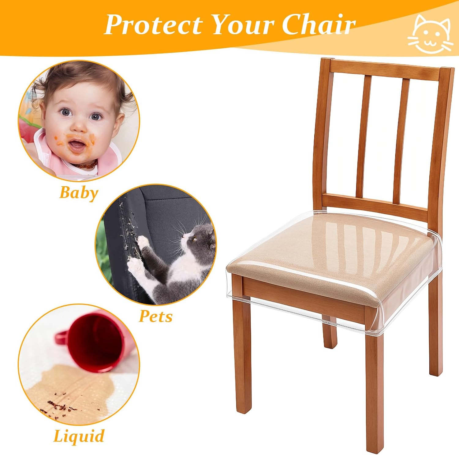 JIEYAO 6 Pcs Clear Plastic Chair Covers for Dining Chair, Waterproof Dining Seat Protectors with Hook and Loop Strap Scratch Resistant Seat Cover for Pets Fits 18-21 Inch Chairs