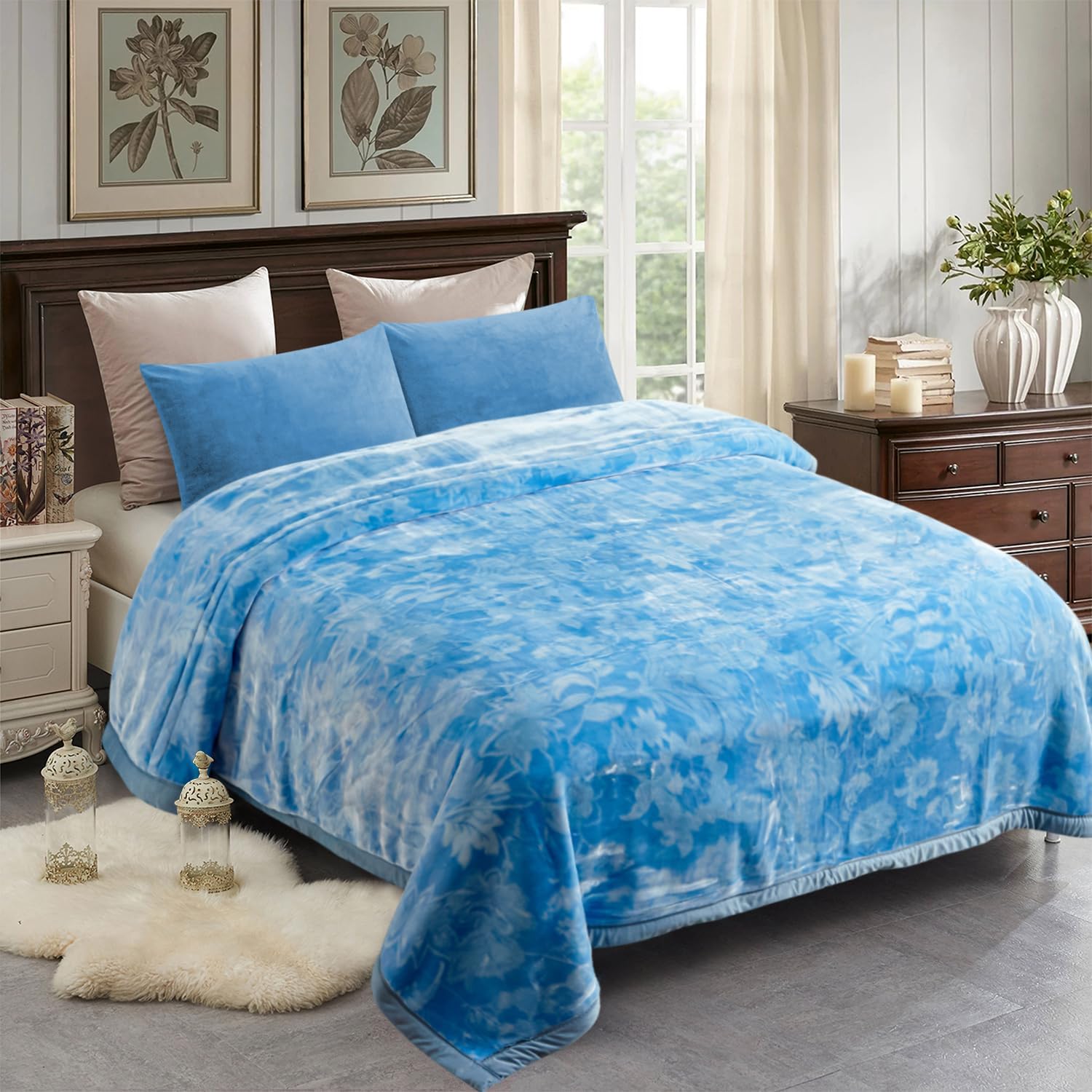 JML Korean Style Mink Blanket Heavy King Size 87" x 94", 10.5 Pounds Plush Fleece Blankets for Winter- Silky Soft and Warm, 2 Ply A&B Printed Embossed Raschel Bed Blanket (Flowers Branches Blue) - Image 2
