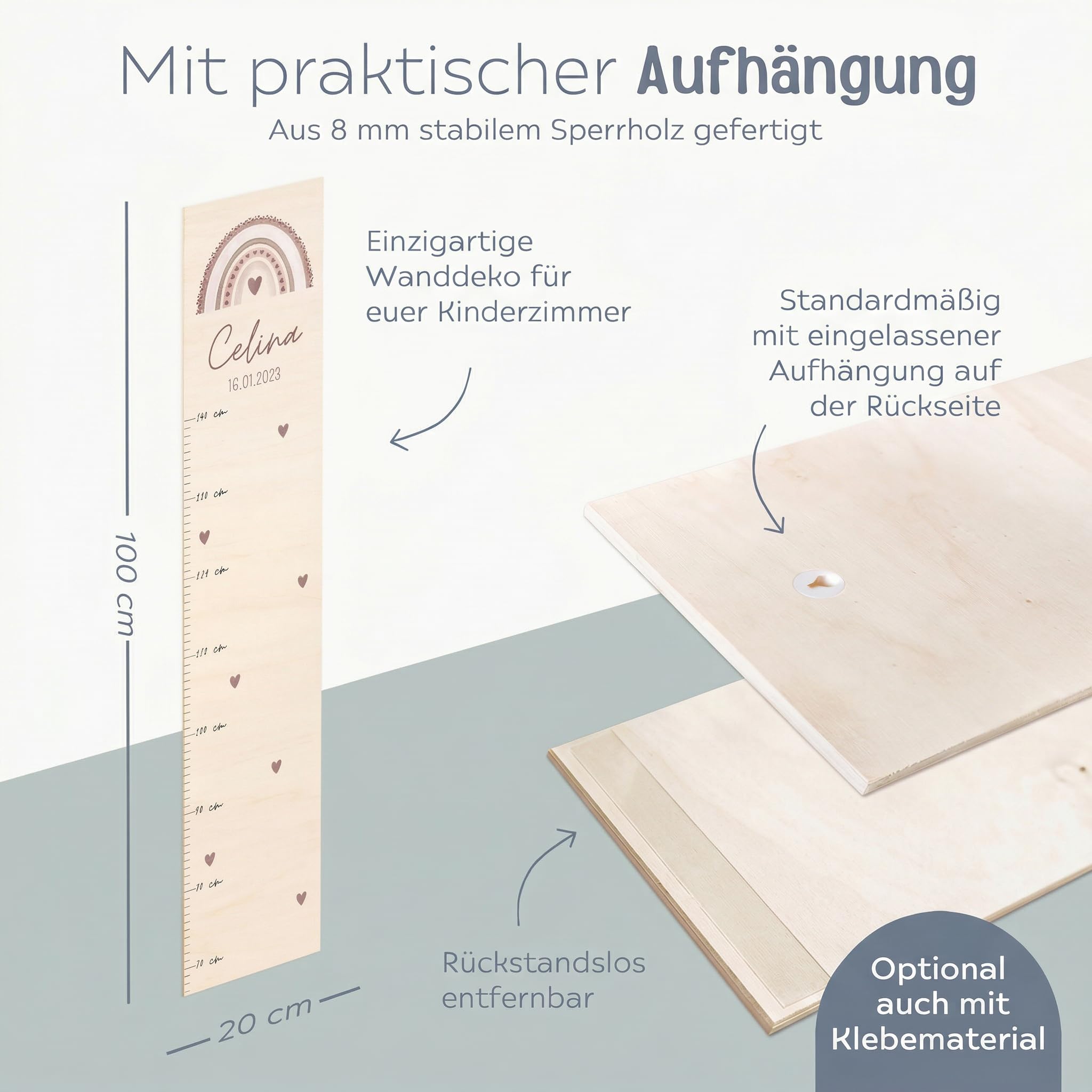 wunderwunsch® - Personalisierte Messlatte Kind Holz zum Kleben oder Aufhängen - Skala 70-140cm - Süße Dekoration für Baby- & Kleinkinderzimmer (rosa)