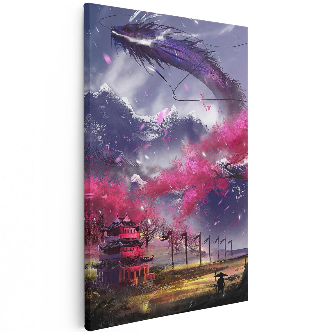 Artaza Cuadros Decoración Salón Modernos Dragón Japonés - 80x120 cm - Grande - Cuadros Decorativos Paisaje - Decoración Pared Sakura - Cuadro Templo Japonés