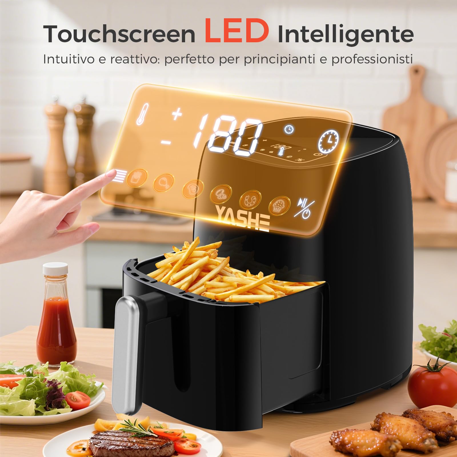 YASHE 1500W Friggitrice ad Aria 4,2L con Touch Screen LED in Vetro Temperato, 6 Programmi, Temperatura e Timer Regolabili, Cestello Antiaderente Lavabile in Lavastoviglie, Cottura Sana Senza Olio