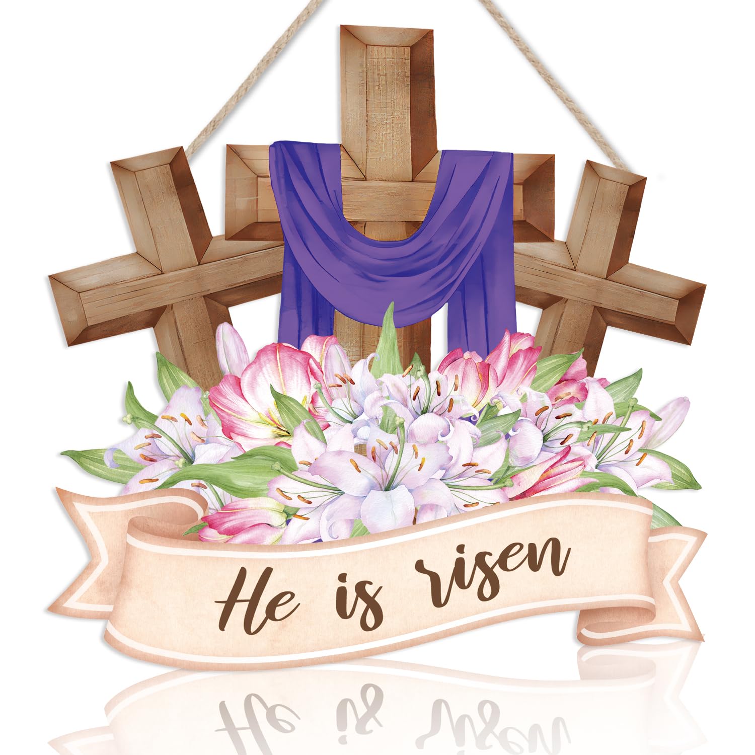 TOARTi Happy Easter Hanging Wall Decor He is Risen Sign Easter Home Wall Decoration Rustic Religious Wall Hanger Hanging Cross Spring Floral Wooden Plaque Sign for Door Porch Yard
