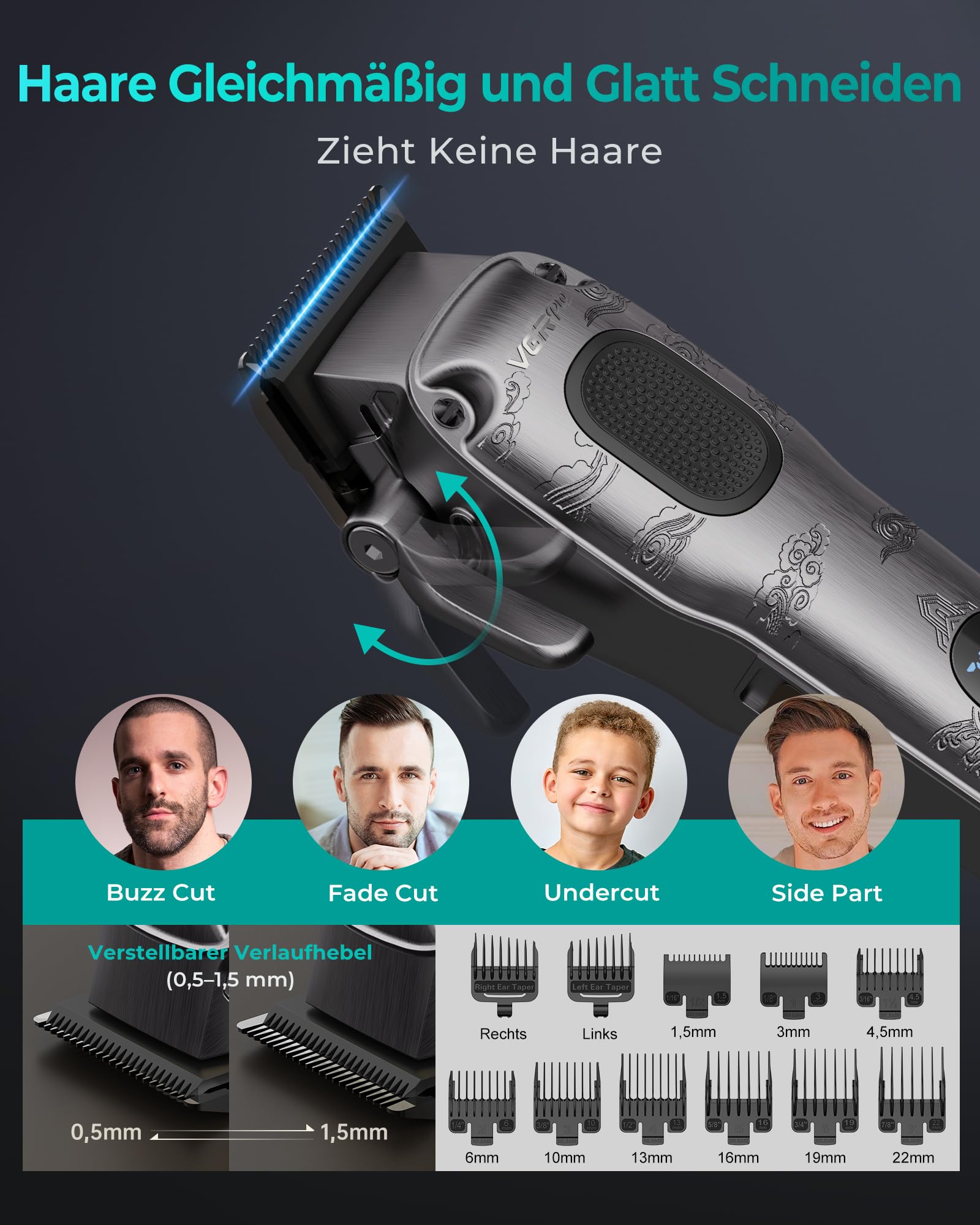 VGRPRO Haarschneidemaschine Profi Akku kabellos Clipper mit Etui LED-Anzeige Grau