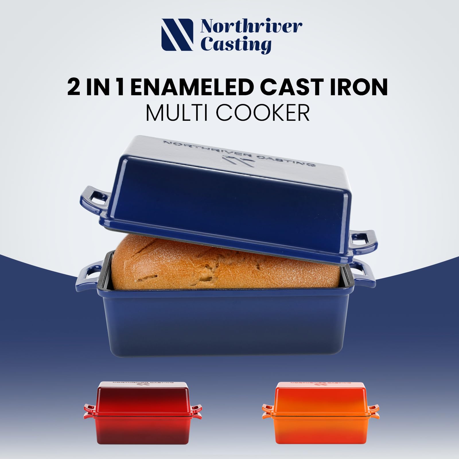 Northriver Casting Sartén de hierro fundido esmaltado 2 en 1 con tapa, horno de pan perfecto, moldes para hornear pan casero de masa madre de 9 x 5 pulgadas, juego de 2 piezas, azul marino