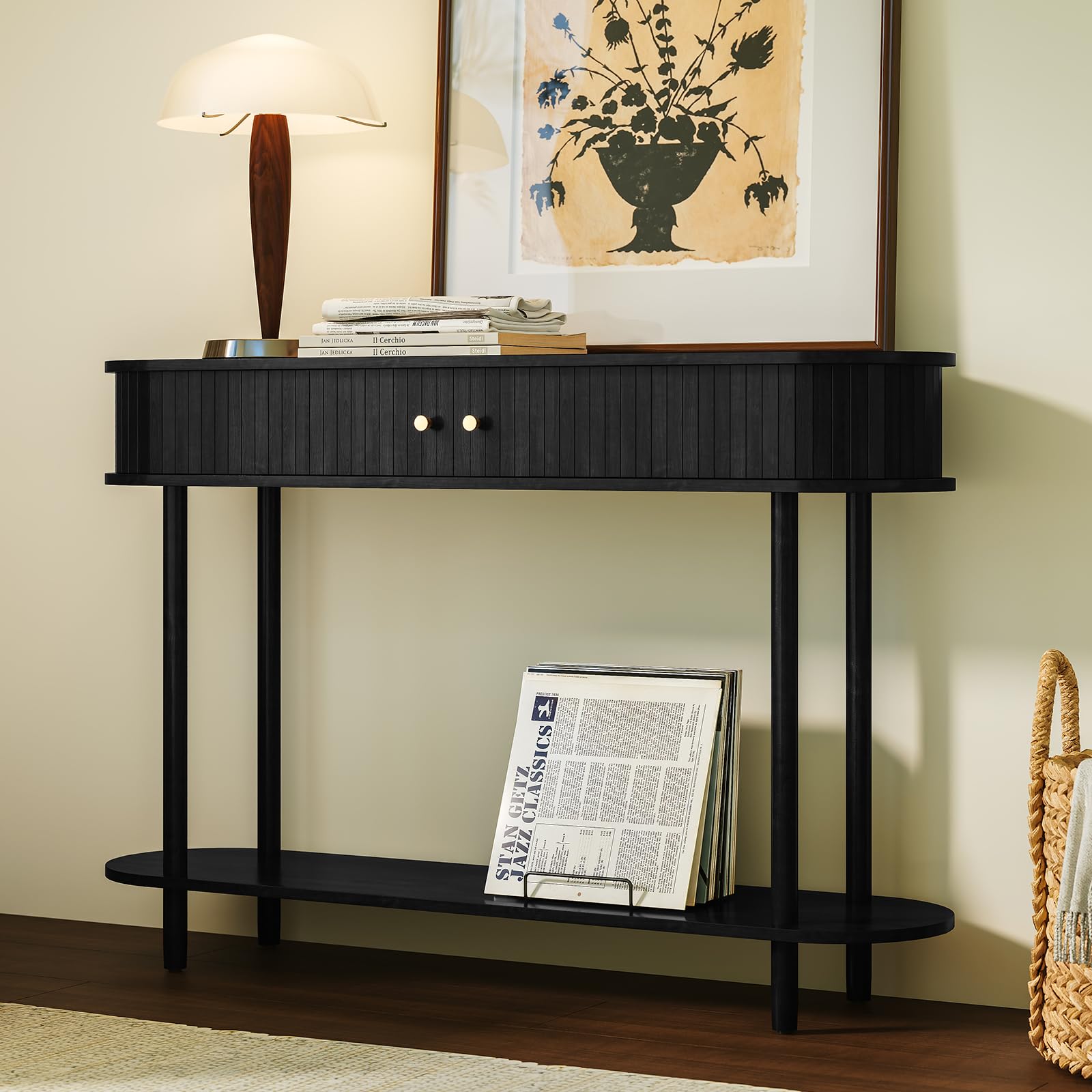 HOLTICO Console Table with Drawers and Tambour Door, Black Entryway Table Wooden Narrow Console & Sofa Tables for Hallway, Living Room, Bedroom — image 1