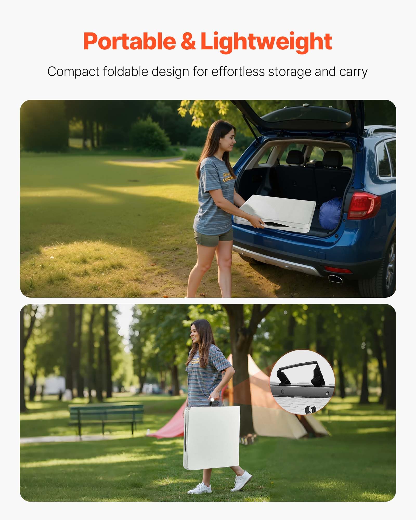 VEVOR Tavolo Pieghevole a Metà, Tavolo in Plastica Resistente Portatile e Rettangolare da 1220x600 mm, con Altezza Regolabile e Maniglia Integrata, per Feste, Cene, Picnic, Campeggio, Bianco
