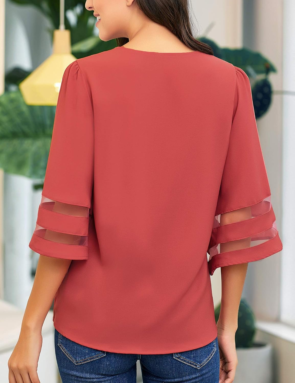 LookbookStore Tops for Women Trendy 2024 Dressy Casual V Neck Mesh Panel Blouse 3/4 Bell Sleeve Shirt - Image 5