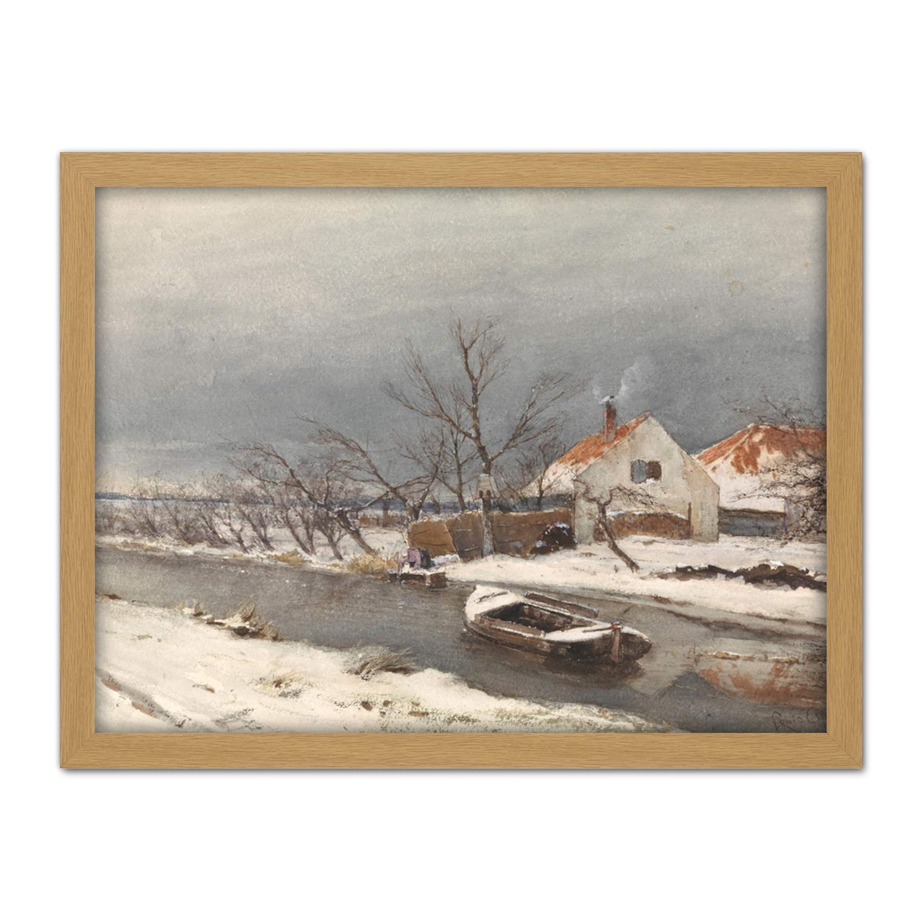 Artery8 Louis Apol Winter Landscape Houses Canal Painting Artwork Framed Wall Art Print 18X24 Inch