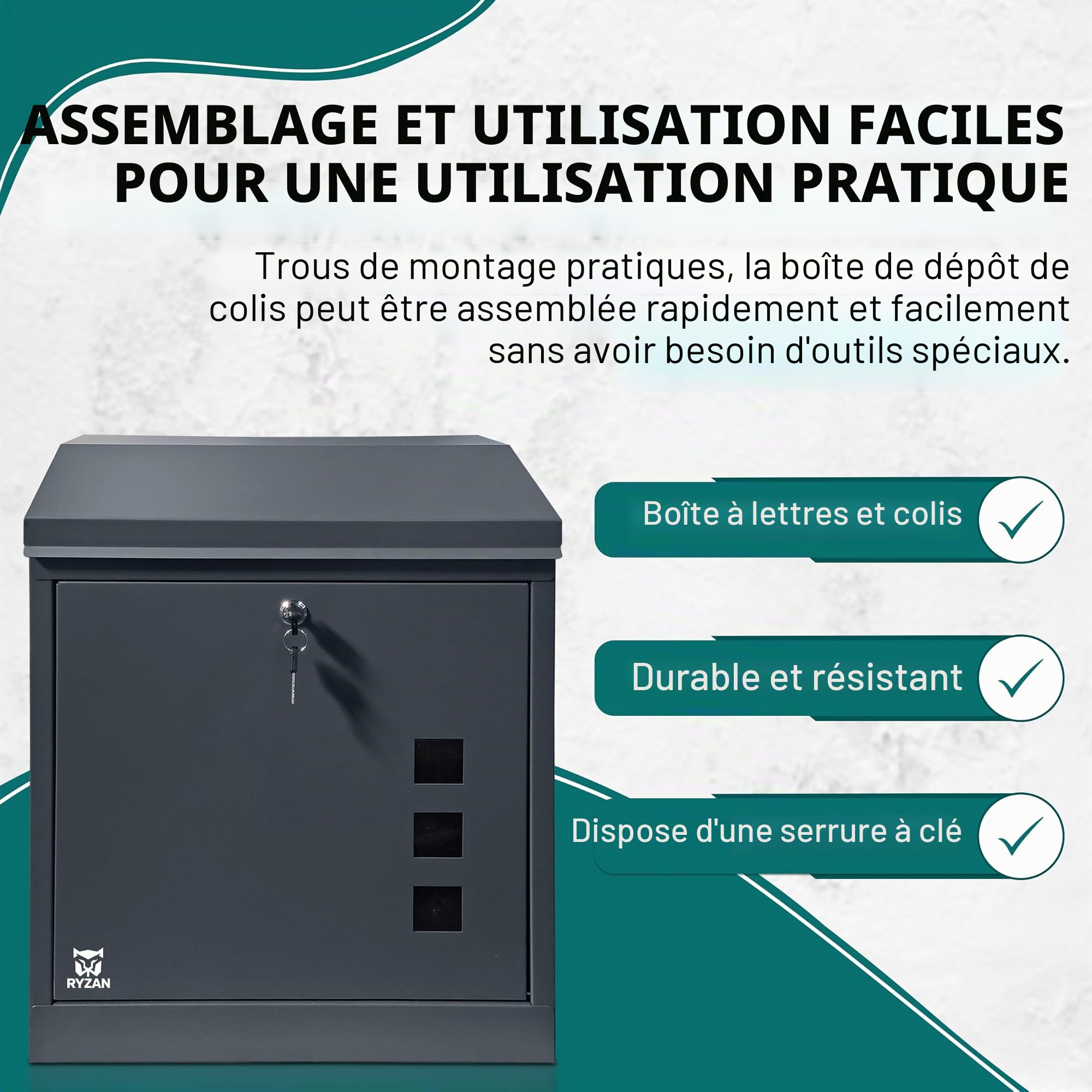 RYZAN Boîte à colis murale sécurisée noire, boîte de livraison étanche verrouillable pour plusieurs grands colis, 52,2 x 43,4 x 25 cm