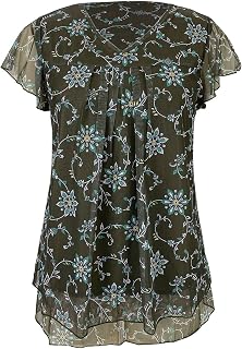 NQyIOS Womens Tunic Tops, Women's V Neck Printed Mesh Chiffon Shirt Loose Oversized Top Under Shirts for Women Plus Size Batwing Tops for Women UK