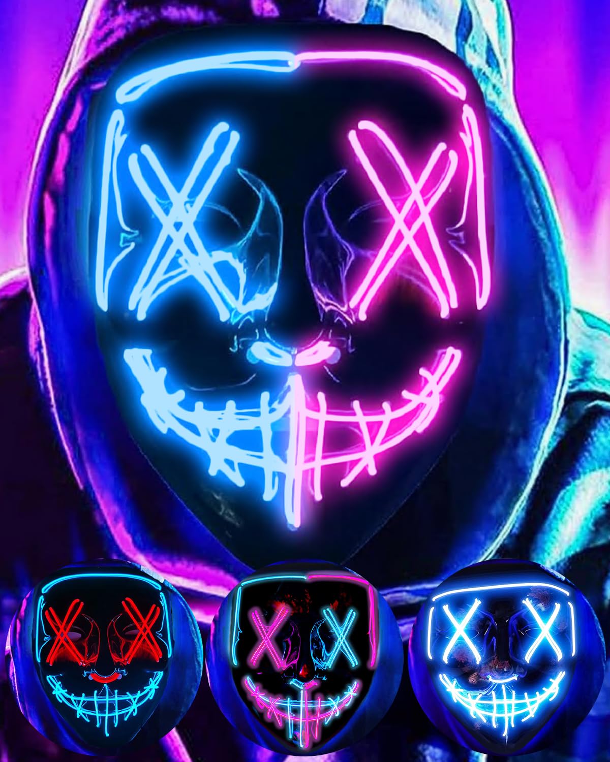 LED Halloween Purge Light Up Mask - EL Wire Scary Mask for Masquerade Cosplay, Kids Men Women Festival Party