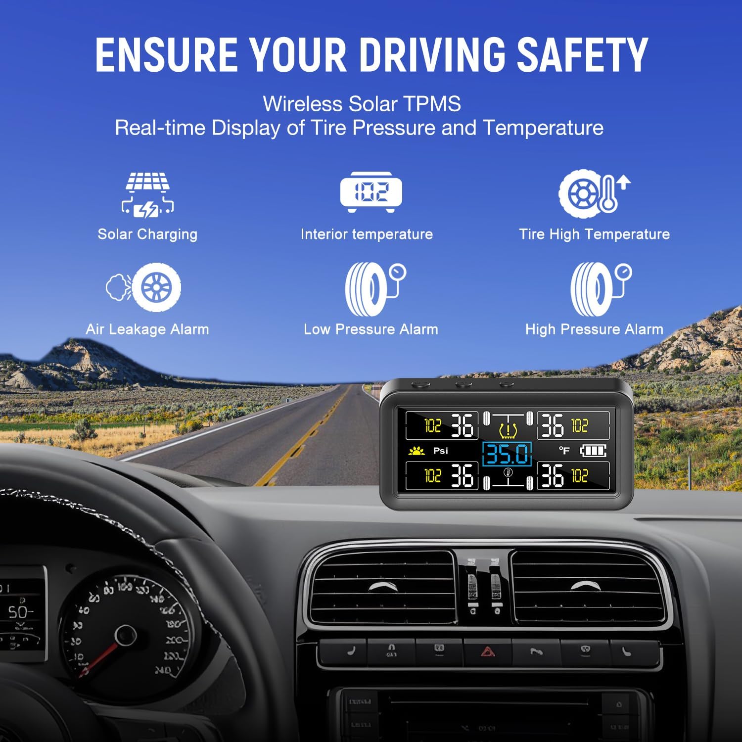 VAOYAO Tire Pressure Monitoring System, RV TPMS with 4 External Sensors & 4.0" Color LCD Display, 6 Alert Modes, Intelligent On/Off Solar TPMS for Car Pickup Truck Trailer Camper SUV (0-144 PSI)