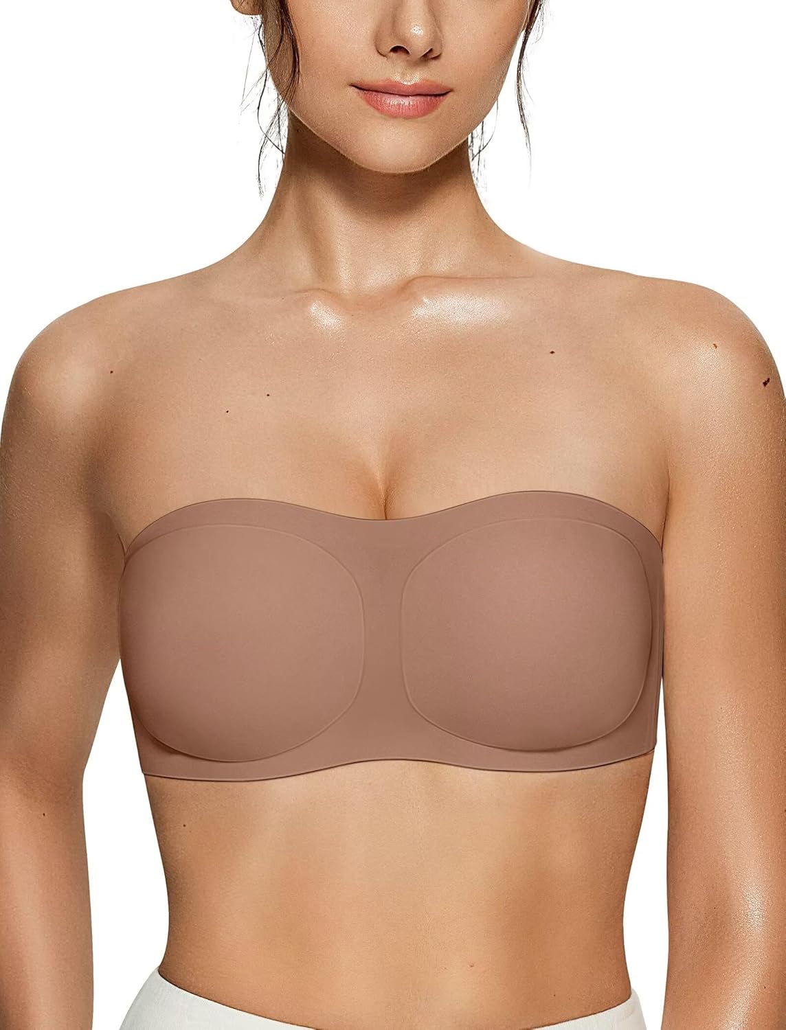 Vertvie Women's Wireless Non-Slip Strapless Bra Seamless Padded Bandeau Bra Comfort Tube Top Push Up Multiway Bralette(Coffee,Large)