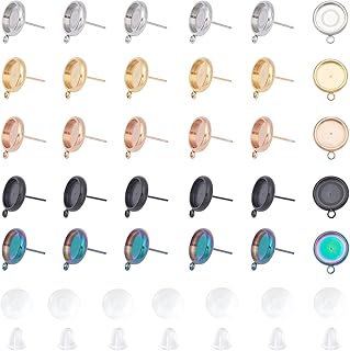 UNICRAFTALE About 20 Sets 5 Colors 10mm Tray Flat Round Stud Earring Blanks with Glass Cabochons Stainless Steel Blank Bezel Tray Base Stud Earring Cabochon Settings for Jewelry Making DIY