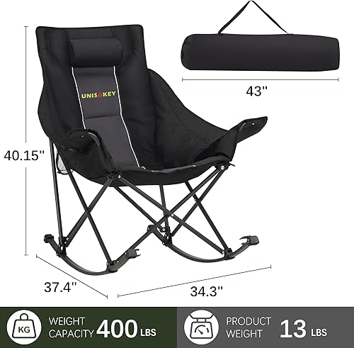Miniatura 3 de Silla mecedora de gran tamaño con reposacabezas y soporte para tazas, capacidad de 400 libras, tela Oxford 600D, silla mecedora portátil fácil de