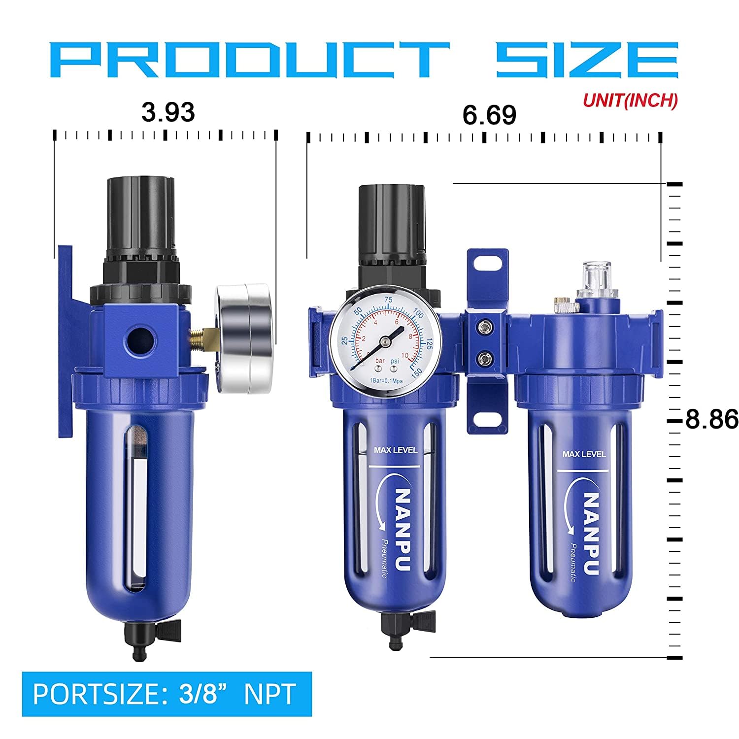 NANPU 3/8" NPT Compressed Air Filter Regulator Lubricator (FRL), Zinc Alloy, 5 Micron Brass Element, 0-150 psi Gauge, Quick Release Bowl, Manual Drain, Metal Bracket - Image 2