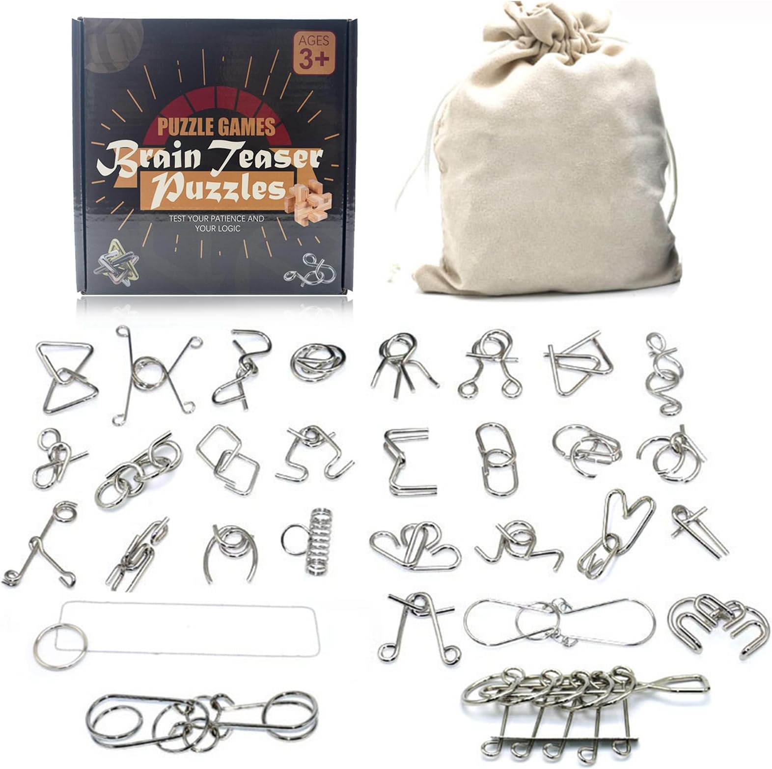 30pcs Metal Wire Puzzle Logic Brain Teaser Set - Metal Ring IQ puzzles Difficult Games - Ideal Intelligence Toys Gifts for Kids and Adults