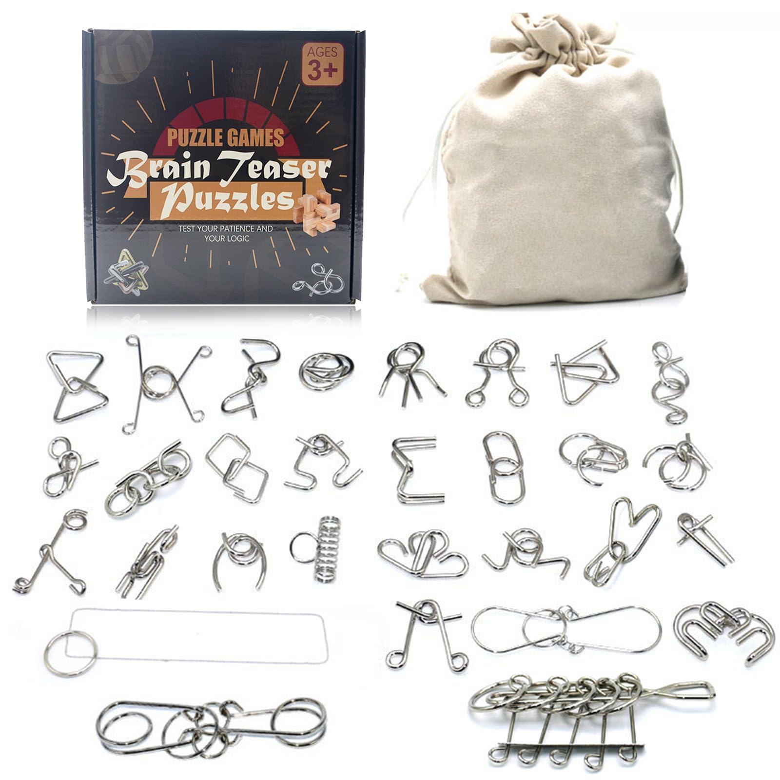 30pcs Metal Wire Puzzle Logic Brain Teaser Set - Metal Ring IQ puzzles Difficult Games - Ideal Intelligence Toys Gifts for Kids and Adults