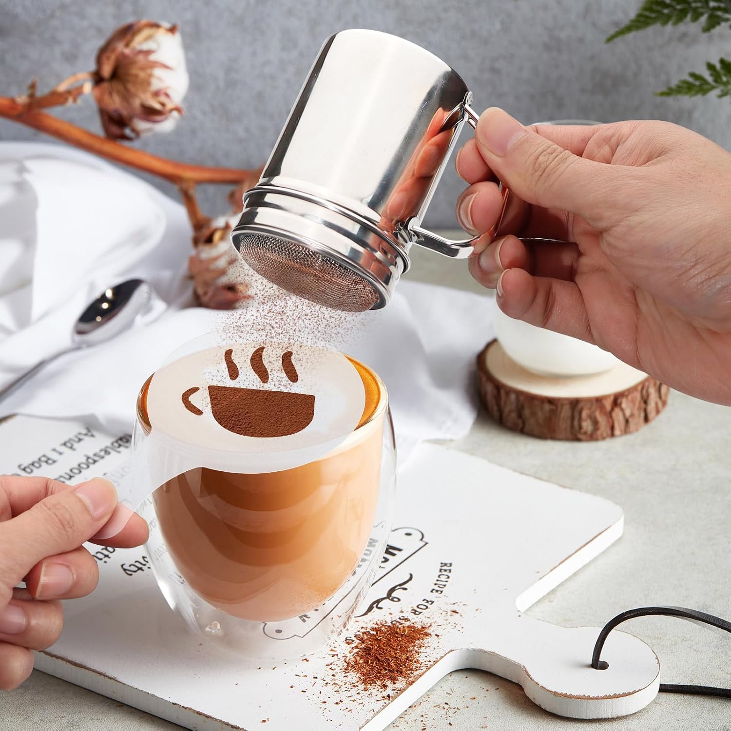 2Pcs Powdered Sugar Shaker Duster with Handle, 304 Stainless Steel Powder Sugar Sifter with 16pcs Coffee Stencils, Dredge Shaker for Flour Cinnamon, Fine & Medium Mesh