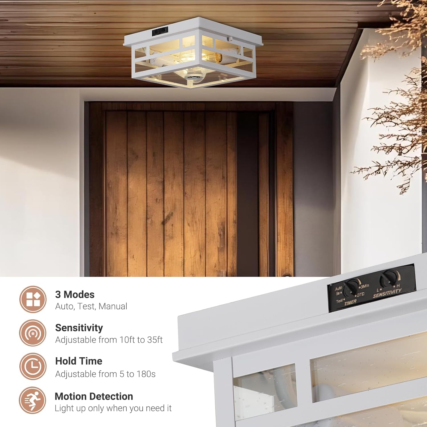 Outdoor Flush Mount Motion Sensor White Ceiling Light - Timeless Industrial Design with Seeded Clear Glass for Your Porch, Driveway, Covered Patio, Farmhouse, and Entryway