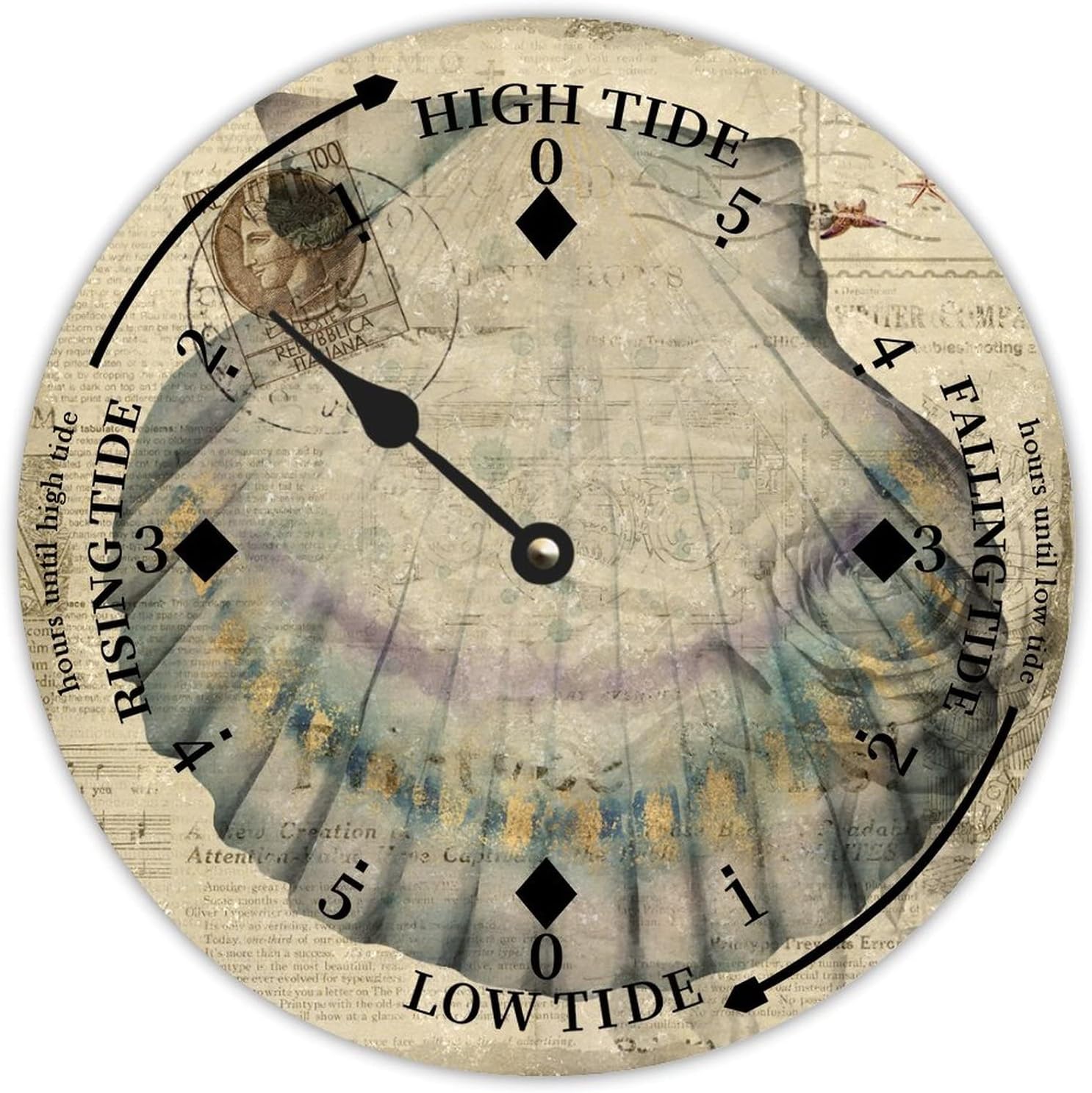 Vintage Beach Time Tide Clock - Ocean Theme Conch Shell Tidal Clock Moon Clock Silent Non-Ticking Battery Operated Wooden Wall Clock for Cottage Beach Boat Living Room Bedroom Home Decor 12x12 in