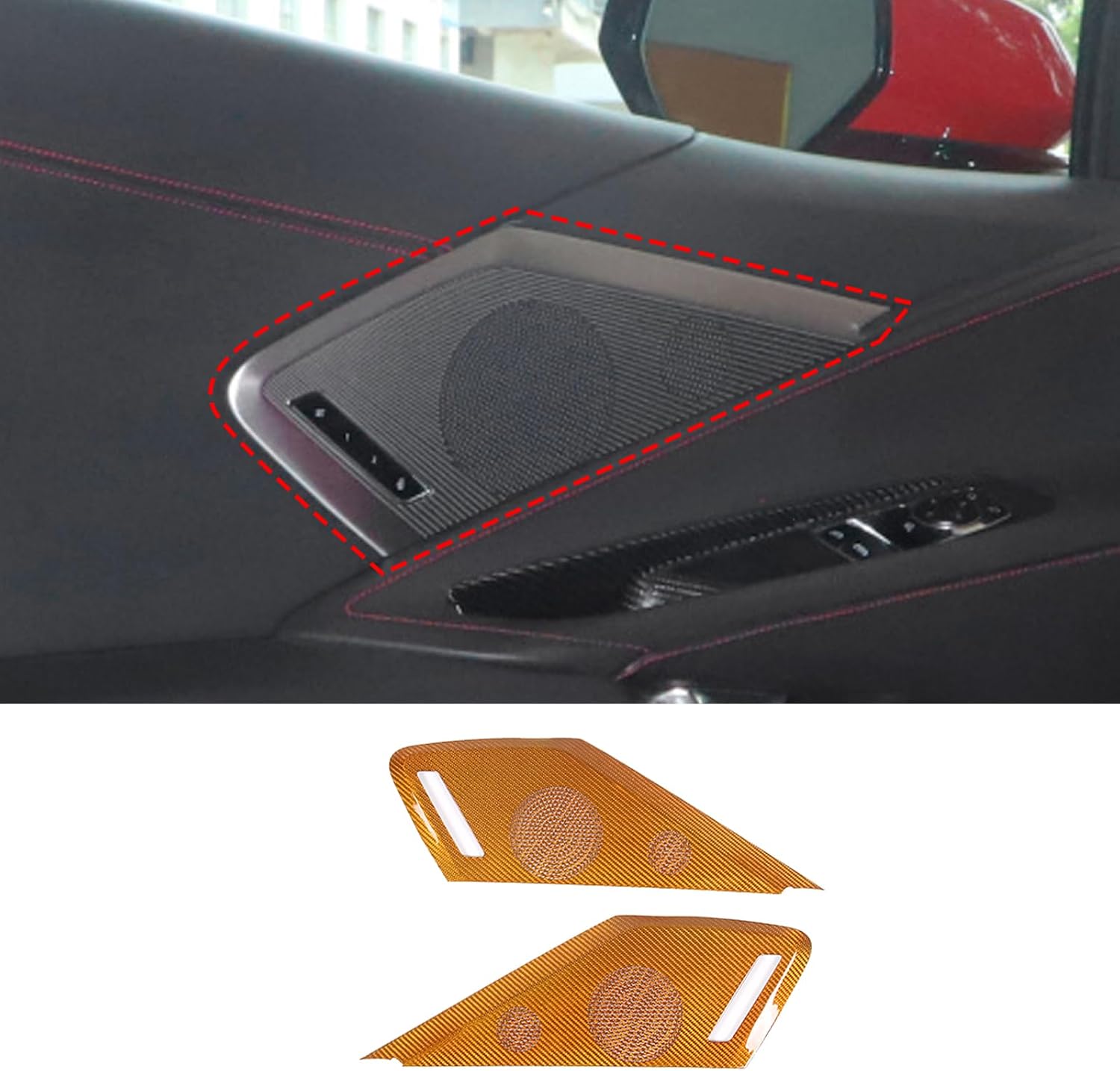 Real Carbon Fiber Car Side Door Speaker Cover Compatible with Chevrolet Corvette C8 Z06 Z51 2020-2026 Inner Door Speaker Air Vent Outlet Cover Trim, for Convertible 2Pcs (Red)