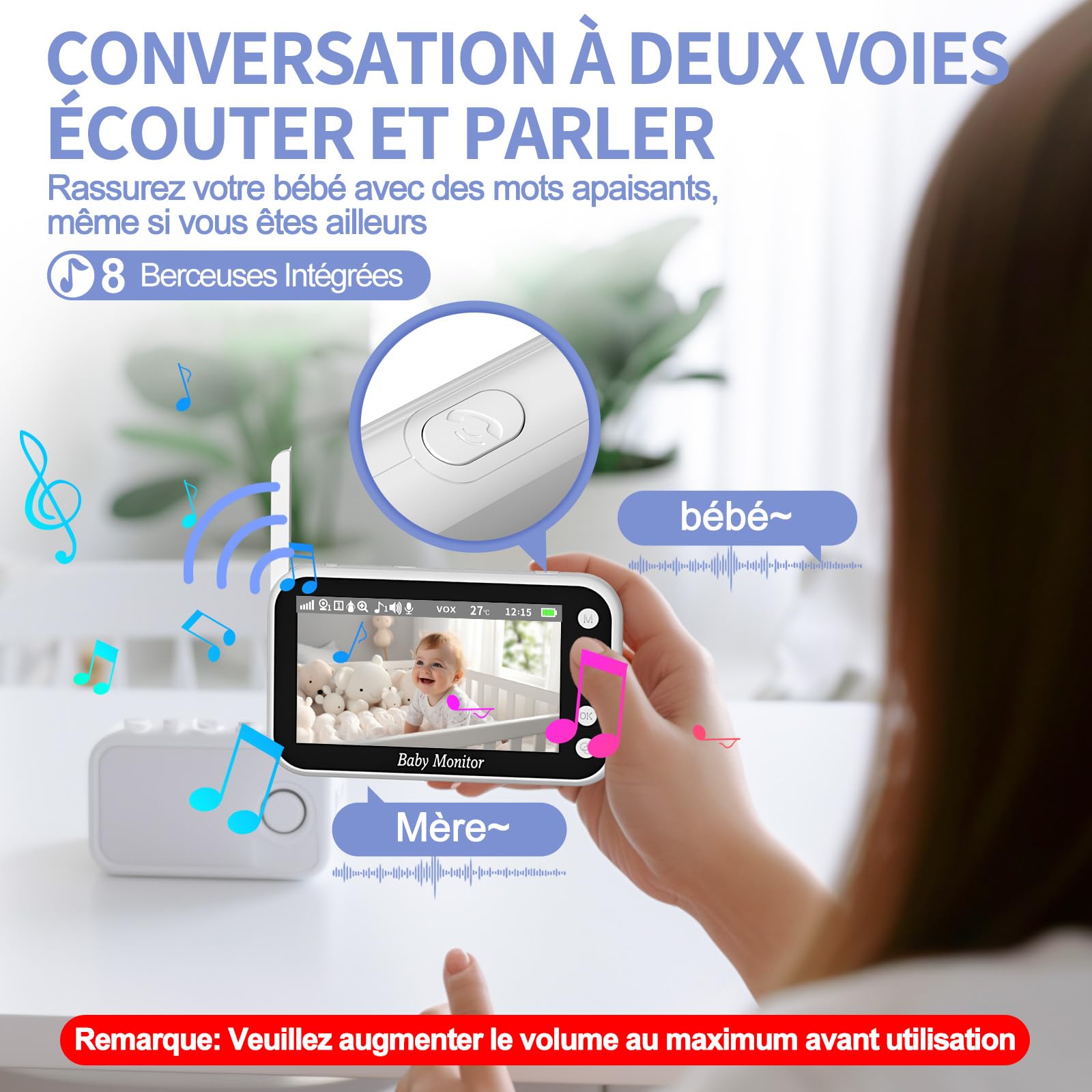 OBVHNUA Babyphone Camera 4,3" 720P Baby Phone Vidéo Moniteur Bébé Zoom Enregistrement sur Carte SD Pan-Tilt VOX Vision Nocturne Audio Bidirectionnelle Capteur de Température 8 Berceuses 5 Réveil